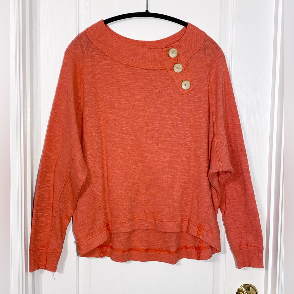 We The Free Button Accent Ribbed Slub Knit Long Dolman Sleeve Top Coral Medium